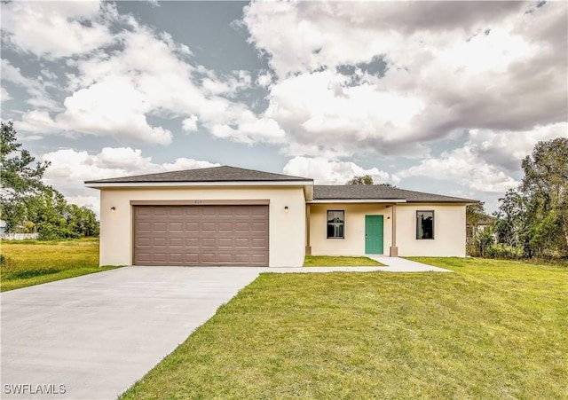 809 Bell Blvd S, Lehigh Acres, FL 33974 - view of front facade with stucco siding, a front lawn, driveway, and a garage