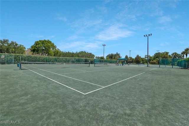 view of tennis court featuring fence