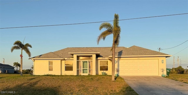 821 NW 20th Ave, Cape Coral, FL 33993 - ranch-style home featuring roof with shingles, driveway, an attached garage, a front yard, and stucco siding