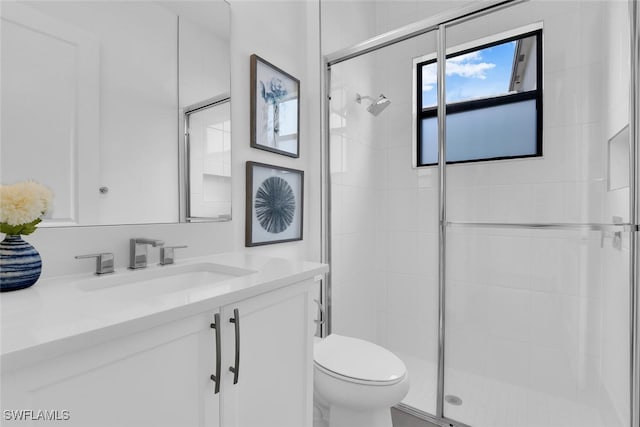 bathroom with vanity, a shower stall, and toilet