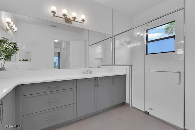 bathroom featuring vanity, tile patterned floors, visible vents, and a stall shower