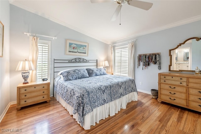522 Countryside Dr, Naples, FL 34104 - bedroom with baseboards, light wood-style floors, lofted ceiling, ceiling fan, and crown molding