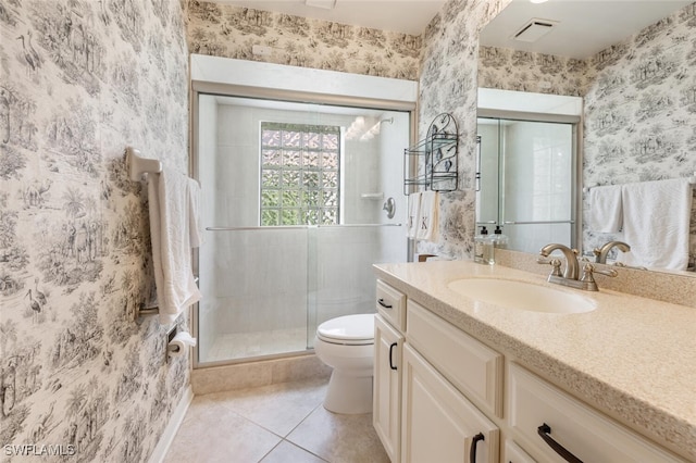 522 Countryside Dr, Naples, FL 34104 - full bathroom with wallpapered walls, tile patterned flooring, visible vents, toilet, and a stall shower