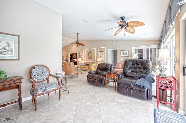 522 Countryside Dr, Naples, FL 34104 - living area featuring a ceiling fan, visible vents, vaulted ceiling, and light tile patterned floors
