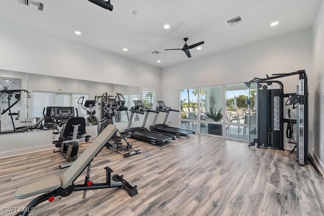 2161 Gardenia Ave, Port Charlotte, FL 33953 - gym featuring wood finished floors, a ceiling fan, visible vents, and recessed lighting