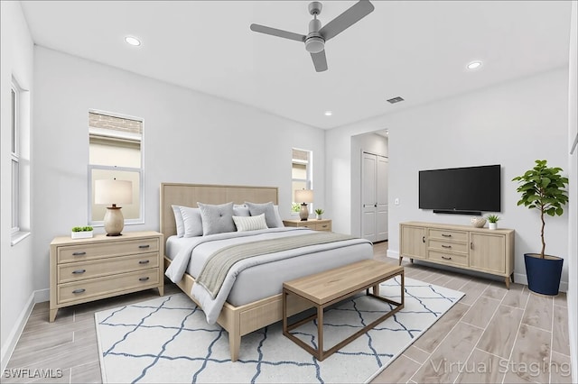 bedroom with recessed lighting, a closet, ceiling fan, baseboards, and wood tiled floor
