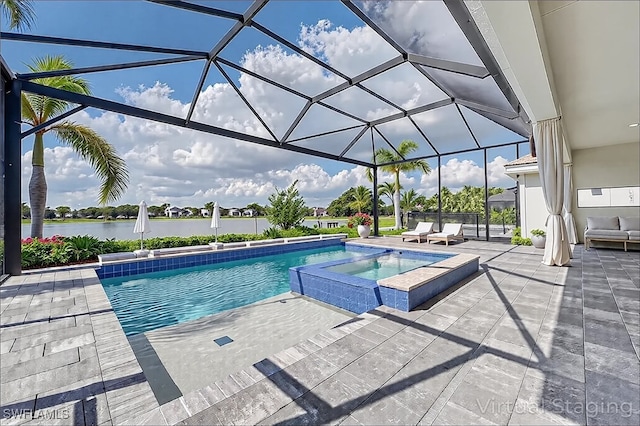 8786 Saint Lucia Dr, Naples, FL 34114 - view of pool with a patio, a water view, a lanai, and a pool with connected hot tub