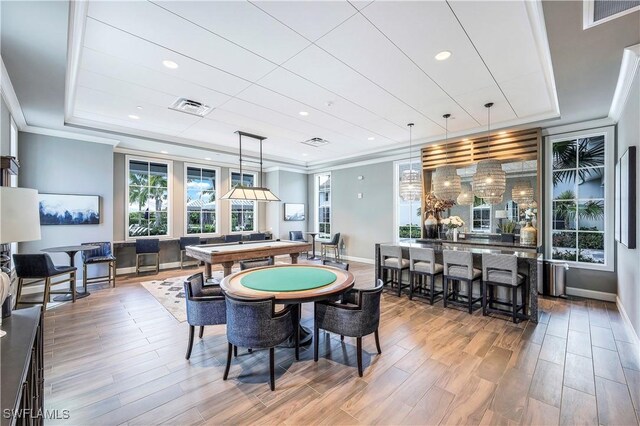 game room with wood finished floors, visible vents, pool table, and baseboards