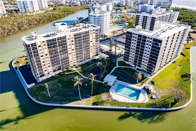 bird's eye view with a city view and a water view