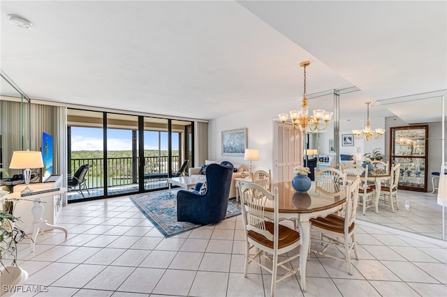 dining space featuring floor to ceiling windows, an inviting chandelier, and light tile patterned floors
