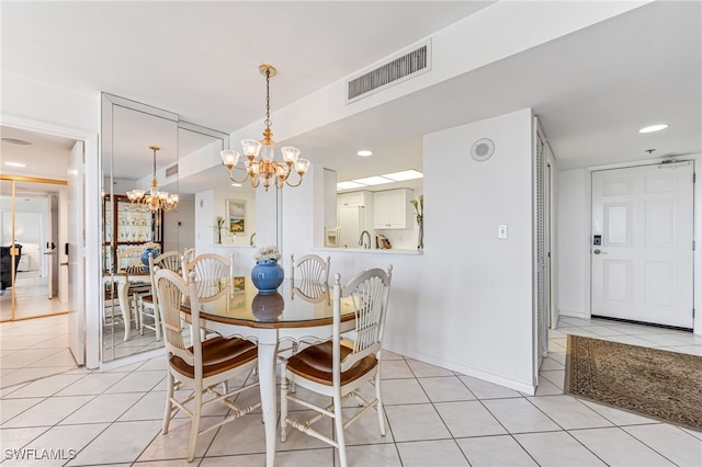 dining area with light tile patterned floors, recessed lighting, a chandelier, and visible vents