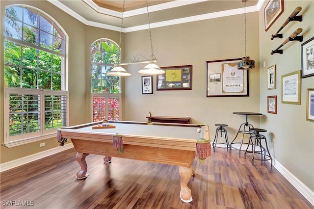 2363 Crayton Rd, Naples, FL 34103 - game room featuring billiards, crown molding, wood finished floors, and baseboards