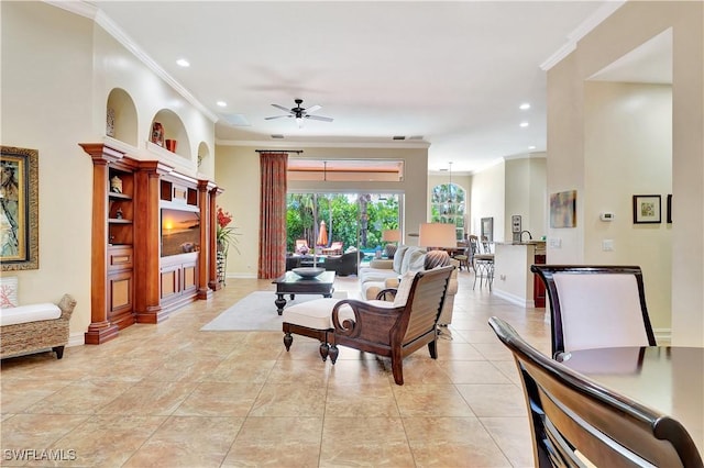 2363 Crayton Rd, Naples, FL 34103 - living room featuring ceiling fan, recessed lighting, ornamental molding, baseboards, and light tile patterned floors