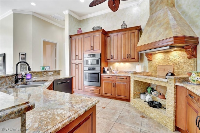 2363 Crayton Rd, Naples, FL 34103 - kitchen featuring a sink, custom range hood, stainless steel appliances, light stone countertops, and recessed lighting