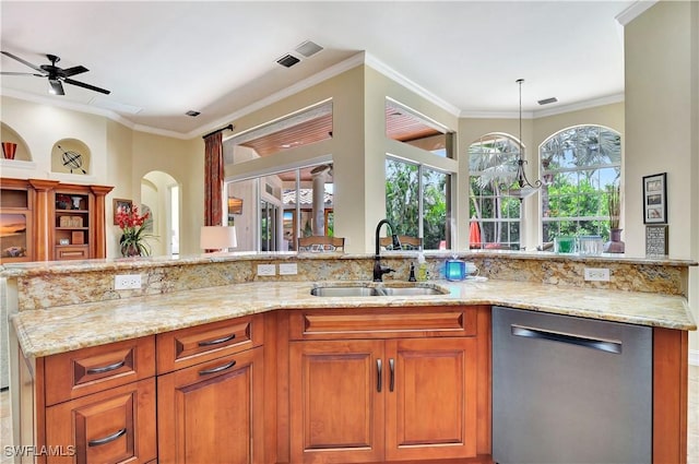 2363 Crayton Rd, Naples, FL 34103 - kitchen featuring dishwasher, a sink, light stone counters, a ceiling fan, and ornamental molding