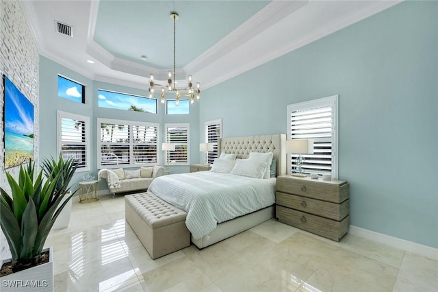 2927 Cinnamon Bay Cir, Naples, FL 34119 - bedroom with crown molding, a chandelier, baseboards, a raised ceiling, and a high ceiling