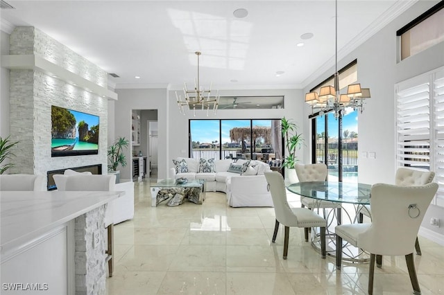 2927 Cinnamon Bay Cir, Naples, FL 34119 - dining room with a chandelier, crown molding, light marble finish floors, baseboards, and recessed lighting