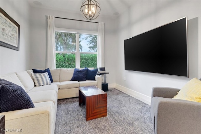 19657 Estero Pointe Ln, Fort Myers, FL 33908 - carpeted living area featuring a chandelier and baseboards