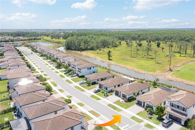 bird's eye view with a water view and a residential view