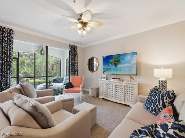 9834 Giaveno Cir Unit 1717, Naples, FL 34113 - living room with baseboards, ornamental molding, and a ceiling fan
