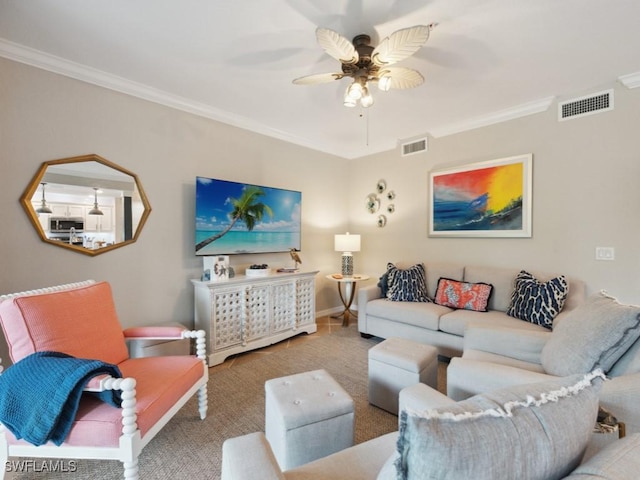 9834 Giaveno Cir Unit 1717, Naples, FL 34113 - living area with ceiling fan, visible vents, and ornamental molding