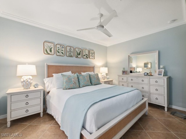 9834 Giaveno Cir Unit 1717, Naples, FL 34113 - tiled bedroom with crown molding, a ceiling fan, and baseboards