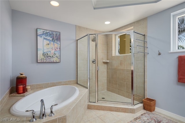 4761 W Bay Blvd Unit 303, Estero, FL 33928 - bathroom with a bath, a shower stall, tile patterned floors, and recessed lighting