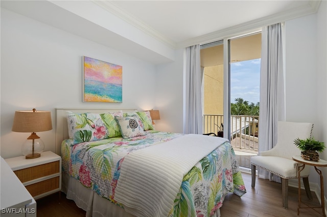 4761 W Bay Blvd Unit 303, Estero, FL 33928 - bedroom with access to outside, crown molding, wood finished floors, and floor to ceiling windows