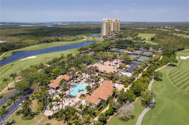 4761 W Bay Blvd Unit 303, Estero, FL 33928 - aerial overview of property's location featuring a large body of water, a golf course, and a pool