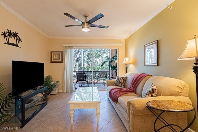 8617 River Homes Ln Unit 3108, Bonita Springs, FL 34135 - living area featuring ceiling fan, ornamental molding, baseboards, and tile patterned flooring