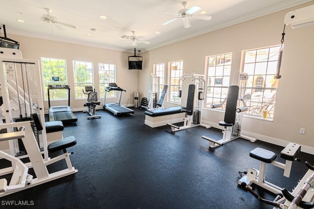 8617 River Homes Ln Unit 3108, Bonita Springs, FL 34135 - gym with a ceiling fan, plenty of natural light, a wall unit AC, baseboards, and crown molding