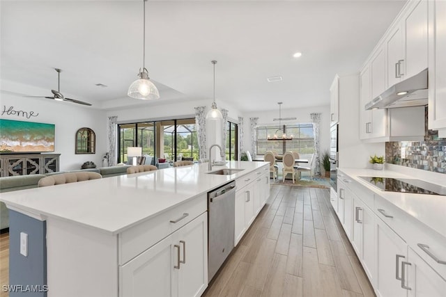 14071 Binghampton Dr, Fort Myers, FL 33905 - kitchen with stainless steel appliances, under cabinet range hood, light wood-style flooring, light countertops, and white cabinets