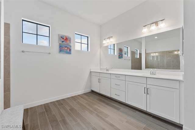 14071 Binghampton Dr, Fort Myers, FL 33905 - bathroom featuring double vanity, wood finished floors, and a walk in shower