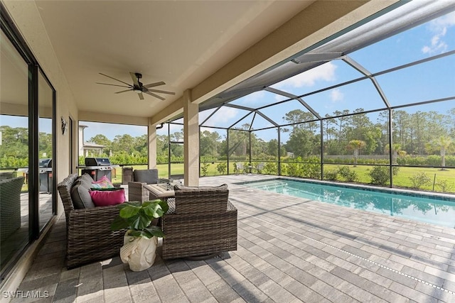 14071 Binghampton Dr, Fort Myers, FL 33905 - view of patio with an outdoor living space, an outdoor pool, a ceiling fan, and glass enclosure