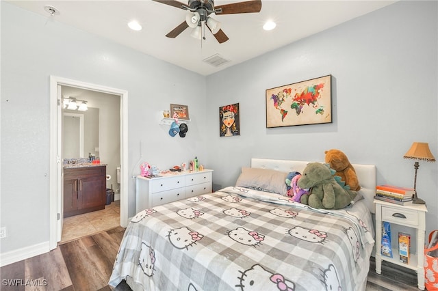 4551 Fort Center Ave, Fort Denaud, FL 33935 - bedroom with a ceiling fan, wood finished floors, connected bathroom, visible vents, and recessed lighting
