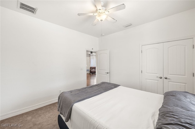 4551 Fort Center Ave, Fort Denaud, FL 33935 - carpeted bedroom featuring a closet, visible vents, baseboards, and ceiling fan