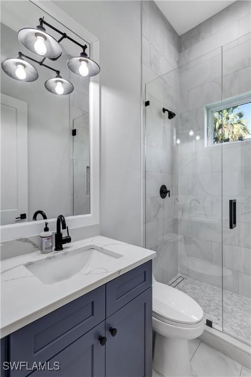 bathroom with vanity, toilet, and a stall shower