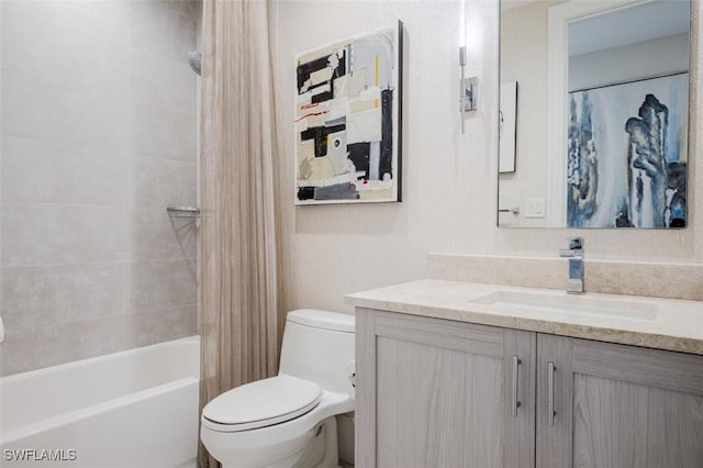 full bathroom with vanity, toilet, and shower / tub combo with curtain