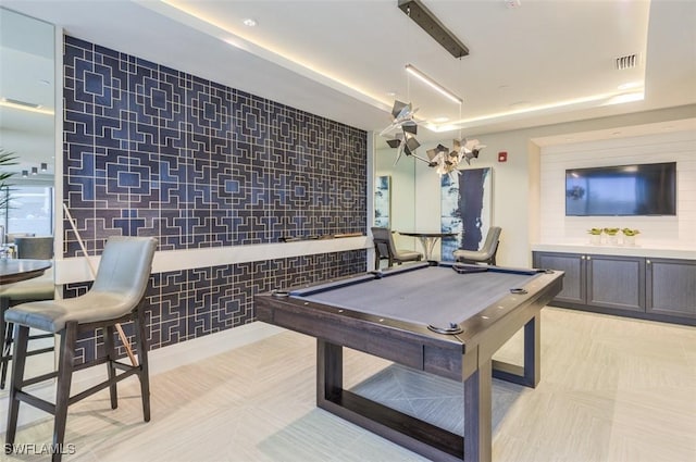 rec room featuring a raised ceiling, billiards, and visible vents
