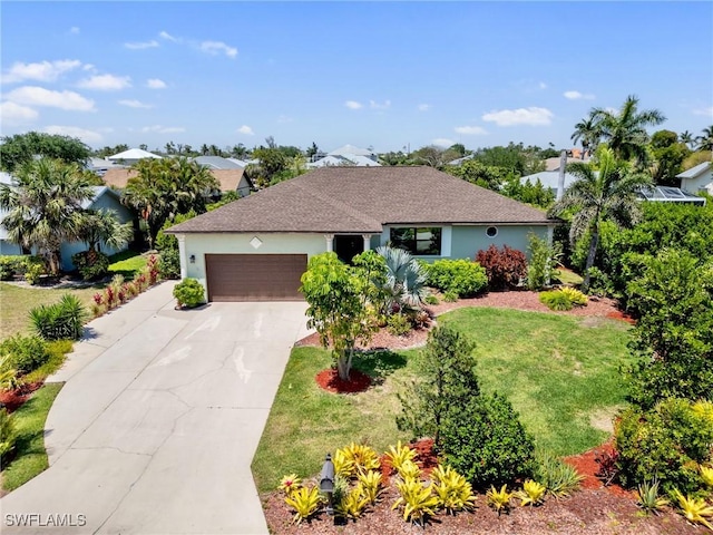 6030 Birnam Wood Ln, Fort Myers, FL 33908 - ranch-style house featuring stucco siding, driveway, a front yard, and a garage