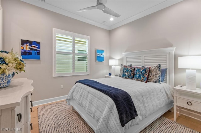 16733 Gilroy St, Bonita Springs, FL 34135 - bedroom with baseboards, wood finished floors, recessed lighting, ceiling fan, and crown molding