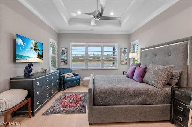 16733 Gilroy St, Bonita Springs, FL 34135 - bedroom with a raised ceiling, light wood-style floors, crown molding, recessed lighting, and a ceiling fan