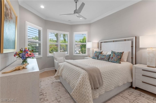 16733 Gilroy St, Bonita Springs, FL 34135 - bedroom featuring light wood finished floors, recessed lighting, ornamental molding, ceiling fan, and baseboards