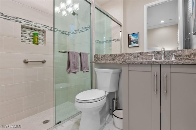 16733 Gilroy St, Bonita Springs, FL 34135 - bathroom featuring a shower stall, marble look tile flooring, toilet, vanity, and recessed lighting