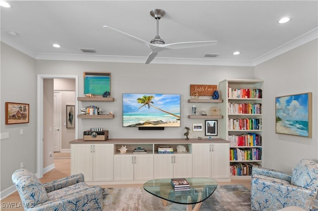 16733 Gilroy St, Bonita Springs, FL 34135 - living room with crown molding, baseboards, recessed lighting, light wood-style flooring, and ceiling fan