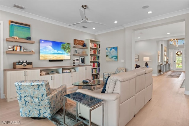 16733 Gilroy St, Bonita Springs, FL 34135 - living room featuring light wood-style flooring, ornamental molding, a ceiling fan, recessed lighting, and baseboards