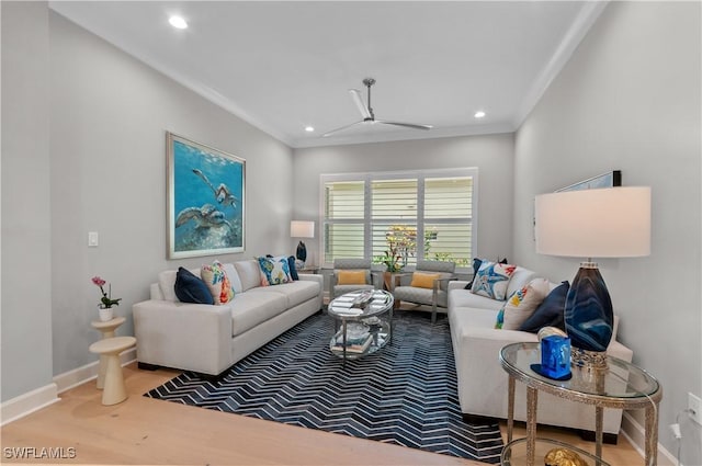 16733 Gilroy St, Bonita Springs, FL 34135 - living room with ornamental molding, wood finished floors, ceiling fan, recessed lighting, and baseboards