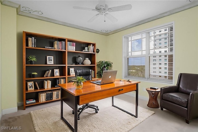 420 Cove Tower Dr Unit 804, Naples, FL 34110 - carpeted home office with ornamental molding, ceiling fan, and baseboards