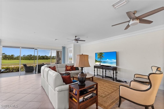 18580 Sandalwood Pointe Unit 101, Fort Myers, FL 33908 - living area featuring crown molding, visible vents, golf course view, light tile patterned flooring, and a ceiling fan