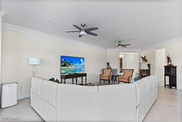 18580 Sandalwood Pointe Unit 101, Fort Myers, FL 33908 - living area with visible vents, light tile patterned floors, ceiling fan, and ornamental molding